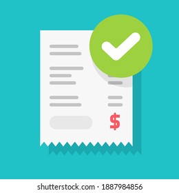 Success Approved Payment Check Mark Notification On Paper Receipt Bill Invoice Vector Flat Cartoon Icon, Valid Verified Notice Checkmark On Successful paid Online, Completed Money Transfer Or Purchase