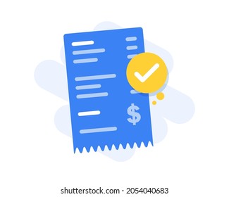 Success approved payment check mark notification on paper receipt bill invoice vector flat cartoon icon