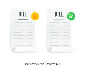Success approved payment check mark notification on paper receipt bill invoice. Bill atm template or restaurant paper financial receipt. Vector illustration