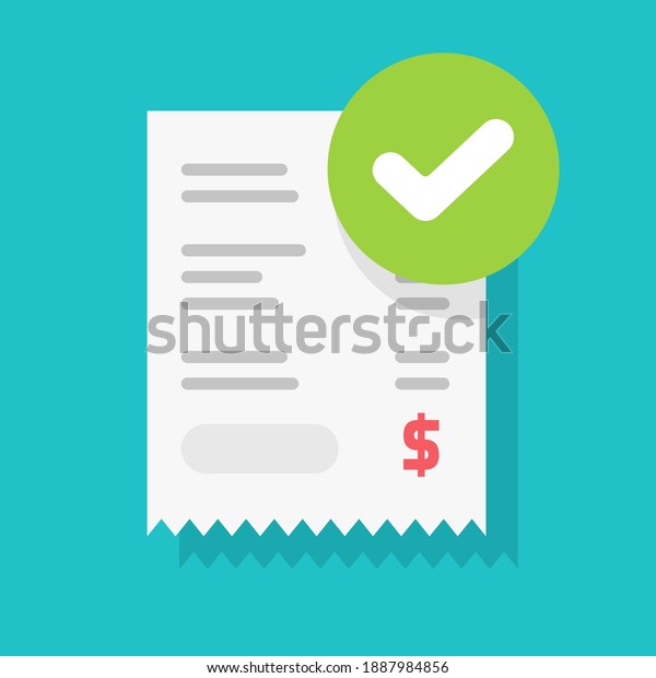 Success approved payment check mark notification\
on paper receipt bill invoice vector flat cartoon icon, valid\
verified notice checkmark on successful paid online, completed\
money transfer or\
purchase