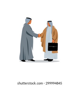 Success Arabic Business. Two Saudi Sheikhs shaking hands over a deal. Vector Illustration. Branding Identity Corporate logo design template Isolated on a white background