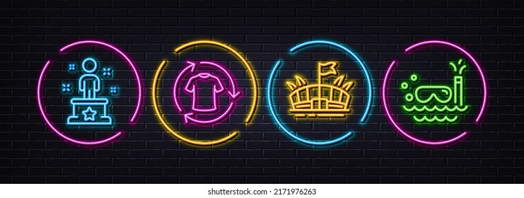Success, Arena and Change clothes minimal line icons. Neon laser 3d lights. Scuba diving icons. For web, application, printing. Winner person, Sport stadium, Shirt. Trip swimming. Vector