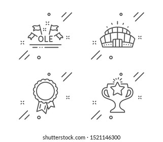 Success, Arena stadium and Ole chant line icons set. Victory sign. Award reward, Competition building, Sport championship. Championship prize. Sports set. Line success outline icon. Vector