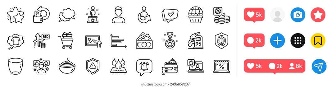 Success, Armed robbery and Headshot line icons pack. Social media icons. Bid offer, Cash back, Approved web icon. Shopping trolley, Making money, Glass pictogram. Upload photo, T-shirt, Star. Vector