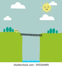 Success arrow and ladder across river on high mountain cartoon vector illustration, business concept