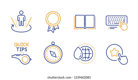 Success, Augmented reality and Book line icons set. Travel compass, Tutorials and Computer keyboard signs. World water, Loyalty star symbols. Award reward, Virtual reality. Business set. Vector
