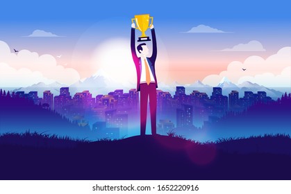 Success award - Business man holding a trophy over his head in front of cityscape. Sunrise and mountains in background. Successful manager, winning, reached goals concept. Vector illustration.