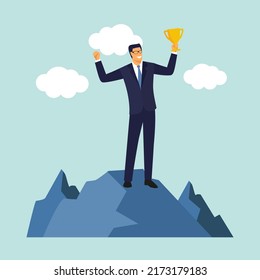 Success Award - Business Man Holding A Trophy Over His Head. Successful Manager, Winning, Reached Goals Concept.