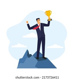 Success Award - Business Man Holding A Trophy Over His Head. Successful Manager, Winning, Reached Goals Concept.
