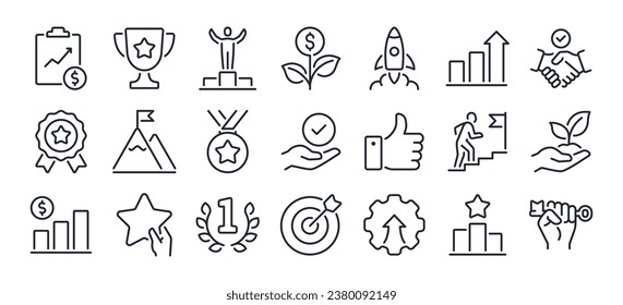 Success, award, growth, win, thumbs up editable stroke outline icons set isolated on white background flat vector illustration. Pixel perfect. 64 x 64.