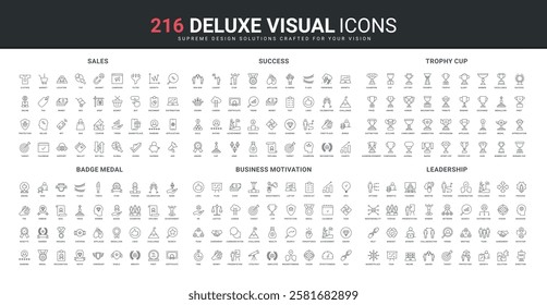 Success award, medal and bonus, different types of trophy cups, leadership challenge and focus on target line icon set. Business motivation, recognition thin black outline symbols vector illustration