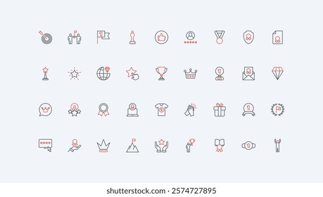 Success award of winner, trophy for first rank and place in competition line icon set. Medal and prize gift, seal with ribbon of premium quality thin black and red outline symbols vector illustration