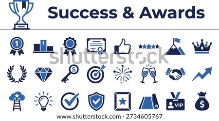 Success and awards icons vector set in flat blue style, including trophy cup, first place medal, podium, certificate, thumbs up, star rating, mountain peak, crown, laurel wreath, diamond, key, target, fireworks, champagne glasses, handshake, shield, ribbon badge, VIP tag and money bag, perfect for achievement dashboards, certificates and celebration graphics.