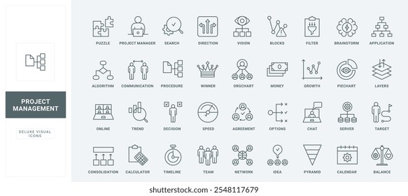 Success balance of decisions and ideas, team building thin black outline symbols vector illustration. Project management, corporate company organization for progress growth line icons set.