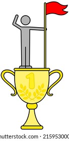 Success banner web icon, man with flag standing on top of golden cup, striving for goal, planning, target. Strategy, doing, teamwork, consistency for success, personal achievements on way to victory