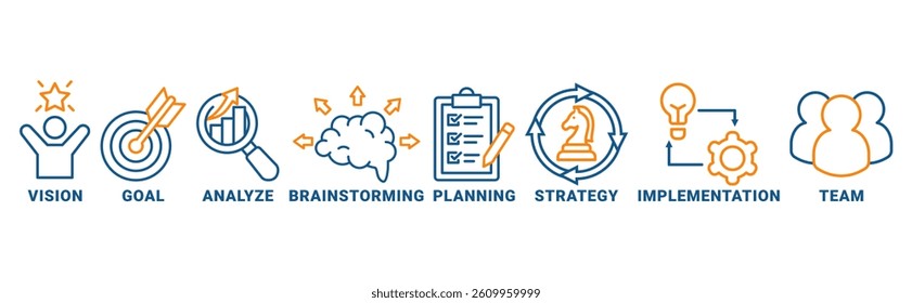 Success banner web icon vector illustration concept with icon of vision, goal, analyze, brainstorming, planning, strategy, implementation, team