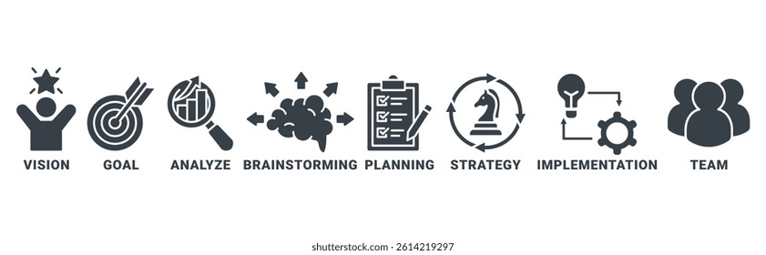 Success banner web icon vector illustration concept with icon of vision, goal, analyze, brainstorming, planning, strategy, implementation, team