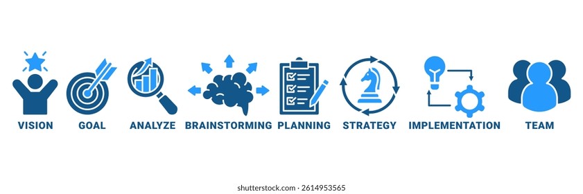 Success banner web icon vector illustration concept with icon of vision, goal, analyze, brainstorming, planning, strategy, implementation, team