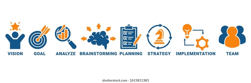 Success banner web icon vector illustration concept with icon of vision, goal, analyze, brainstorming, planning, strategy, implementation, team