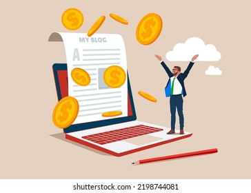 Success blogger or writer catching money banknotes fall from the sky. Make money from online, monetize content, get income or earning from affiliate links.