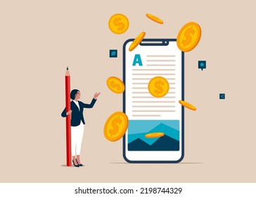 Success blogger or writer catching money banknotes fall from the sky. Make money from online, monetization content, get income or earning from affiliate links.