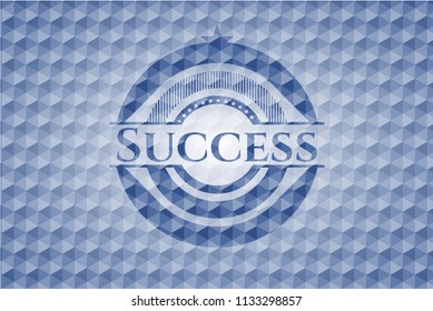 Success blue emblem with geometric pattern background.