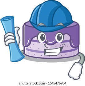 A success of blueberry cake Architect having blue prints and blue helmet
