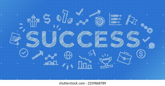 Success blueprint. Successful business plan components scheme, project strategy and planning vector illustration. Achieving goals at work, financial targets and accomplishments, start up