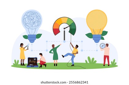 Success boost of productivity, efficiency growth. Tiny people pull speedometer arrow of productive work to maximum, improve performance indicators in bright light bulb cartoon vector illustration