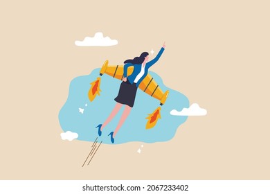 Success booster or accelerate career growth, woman power or lady leadership, speed up working progress or boost work ambition concept, confident businesswoman flying rocket booster or jetpack engine.