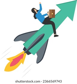 Success boots or accelerates career growth, lady leadership, Speed up working progress, Boost work ambition, Flying rocket booster or jetpack engine

