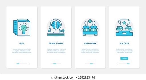 Success brainstorm business idea vector illustration. UX, UI onboarding mobile app page screen set with line processing thinking human brain, light bulb symbols, hard work on business startup project