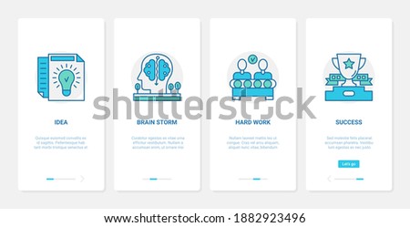 Success brainstorm business idea vector illustration. UX, UI onboarding mobile app page screen set with line processing thinking human brain, light bulb symbols, hard work on business startup project