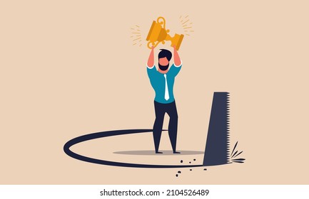 Success broken and man trap money from saw cut. Business leadership problem and risk fall to hole vector illustration concept. Employee finance failure and rivalry motivation. People work and career