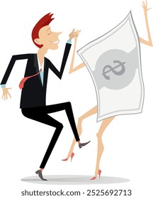 Success in business. Businessman and dollar dance together.
Happy man dancing with a paper dollar. Rich man. Lottery. Business concept illustration
