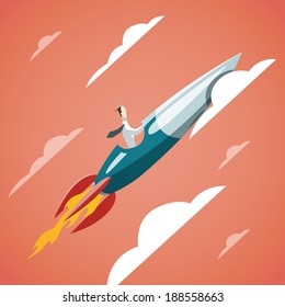 Success in business - Businessman is flying on the rocket up in the sky