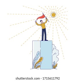 Success In Business Or Career Concept. Businessman Standing Proudly On Platform In Top Position Holding Flag. Character Has Reached Success. Cartoon Linear Outline Flat Style. Vector Illustration