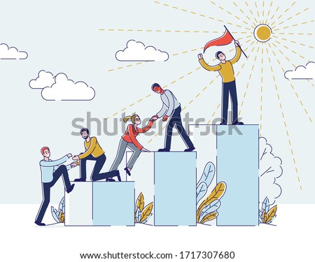 Success In Business Or Career Concept. Businessmen Climbing Career Ladder. People Stand On Podiums With Leader In Front In Top Position Holding Flag. Cartoon Linear Outline Flat Vector Illustration