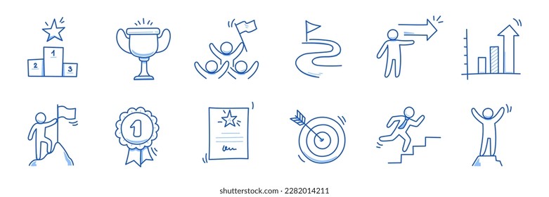 Success business career doodle icon. Success leader doodle line sketch award, certificate, trophy. Career, progress, winner concept icon. Outline editable pen stroke. Vector illustration.