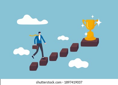 Success in business, career opportunity or business growth to reach target concept, smart successful businessman step up on wooden stairs to reach winner achievement trophy on top of the stair case.