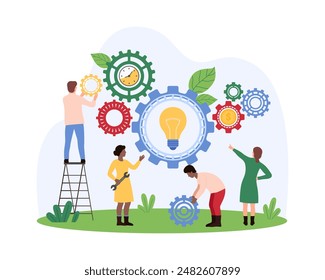 Success business challenge and creative idea, entrepreneurship. Tiny people work with light bulb inside factory mechanism of gears, customize movement and interaction cartoon vector illustration