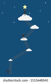 Success business competition concept vector and illustration template background, businessman try to climb a ladder and finally he got the star and shows the victory.