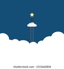 Success business competition concept vector and illustration, businessman climbing the ladder and getting the victory star.