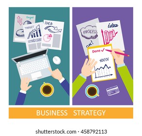 Success business concept.Set of flat design concepts for business strategy and creative process. Concepts for teamwork, business project presentation, planning, brainstorming and marketing ideas.