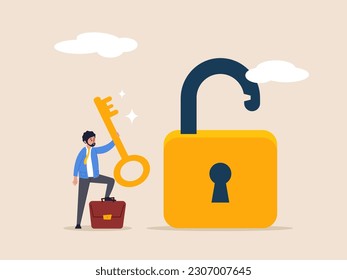 Success business concept. Golden key to unlock, solve business problem, professional to give solutions, key or unlock business accessibility, smart businessman holding golden key to unlock the pad.