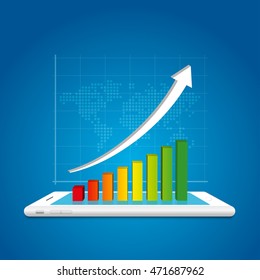 Success in business concept. Business graph on smartphone and world map background. Vector illustration.