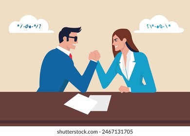 success business concept, man woman shake hand, or competition arm wrestling. friendship happiness, career promotion development, flat vector illustration