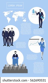  success in business, concept is something.  Financial charts theme elements. An vector illustration of a faceless male pointing at a graph. orator speaking from the tribune. 