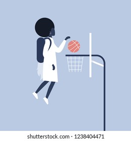 Success, business concept. Young female character putting a ball in a basket. Jetpack. New technologies. Millennials at work. Achieving a target. Efficiency. Flat editable vector illustration