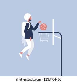 Success, business concept. Young indian character putting a ball in a basket. Jetpack. New technologies. Millennials at work. Achieving a target. Efficiency. Flat editable vector illustration